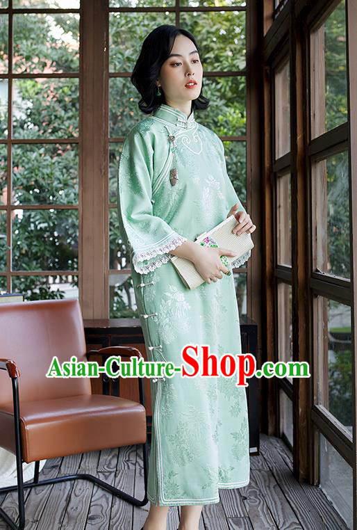 China Women Classical Dress Clothing Wide Sleeve Cheongsam Traditional Embroidered Light Green Qipao China Women Classical Dress Clothing Wide Sleeve Cheongsam Traditional Embroidered Light Green Qipao