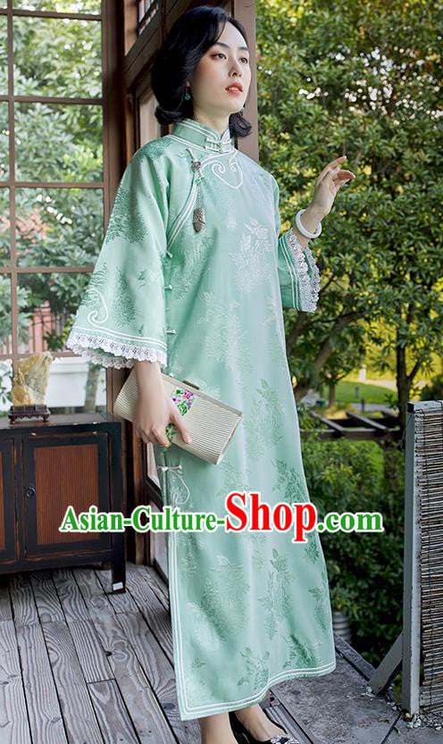 China Women Classical Dress Clothing Wide Sleeve Cheongsam Traditional Embroidered Light Green Qipao China Women Classical Dress Clothing Wide Sleeve Cheongsam Traditional Embroidered Light Green Qipao