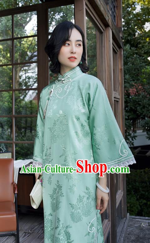 China Women Classical Dress Clothing Wide Sleeve Cheongsam Traditional Embroidered Light Green Qipao China Women Classical Dress Clothing Wide Sleeve Cheongsam Traditional Embroidered Light Green Qipao