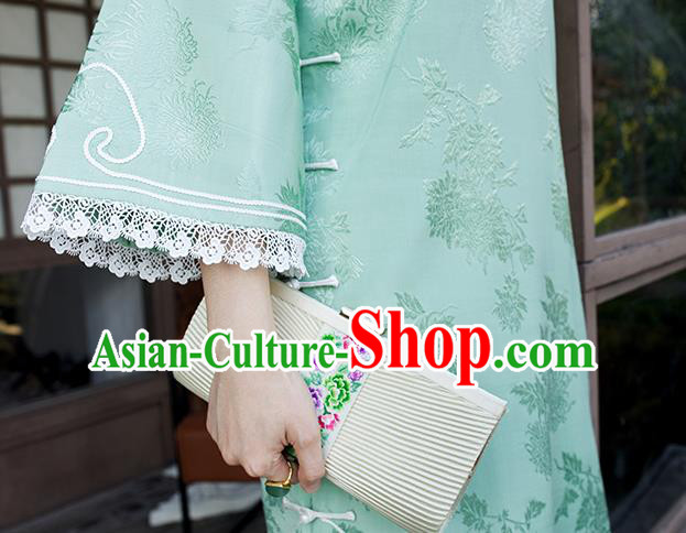 China Women Classical Dress Clothing Wide Sleeve Cheongsam Traditional Embroidered Light Green Qipao China Women Classical Dress Clothing Wide Sleeve Cheongsam Traditional Embroidered Light Green Qipao