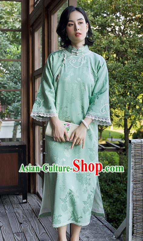 China Women Classical Dress Clothing Wide Sleeve Cheongsam Traditional Embroidered Light Green Qipao China Women Classical Dress Clothing Wide Sleeve Cheongsam Traditional Embroidered Light Green Qipao