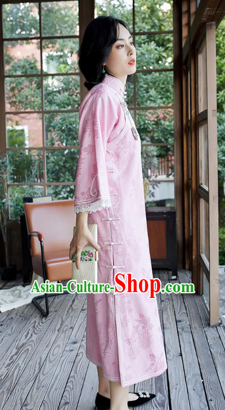 China Women Clothing Wide Sleeve Cheongsam Traditional Embroidered Pink Qipao Classical Chrysanthemum Pattern Dress