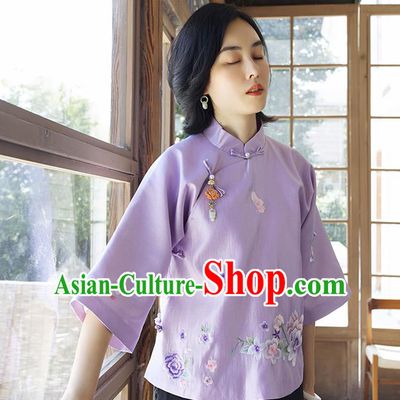Chinese Embroidered Shirt Women Upper Outer Garment Traditional Costume Tang Suit Lilac Silk Blouse