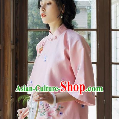 Chinese Traditional Embroidered Pink Shirt Tang Suit Blouse Women Upper Outer Garment Costume
