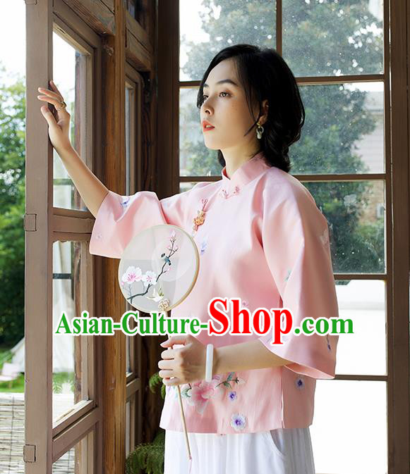 Chinese Traditional Embroidered Pink Shirt Tang Suit Blouse Women Upper Outer Garment Costume