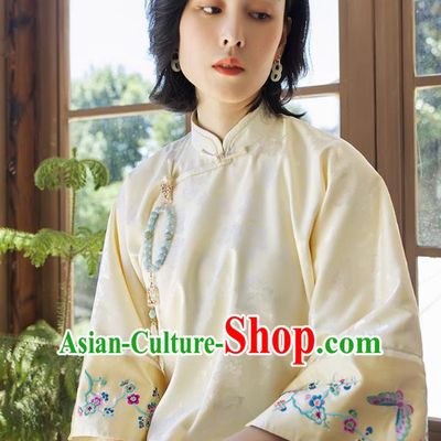 Chinese Traditional Embroidered Light Yellow Shirt Women Upper Outer Garment Tang Suit Blouse Costume
