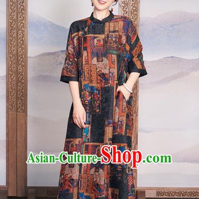 China National Clothing Traditional Classical Printing Qipao Dress Women Black Silk Cheongsam