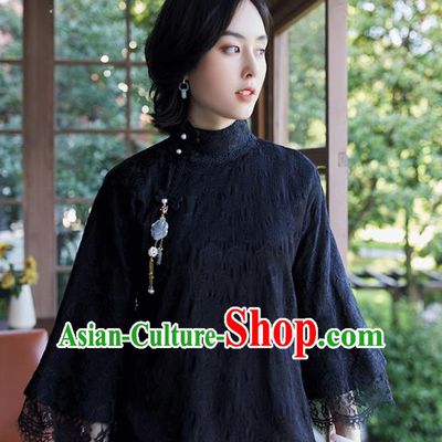 Chinese Tang Suit Upper Outer Garment Traditional Black Lace Blouse Costume Jacquard Shirt