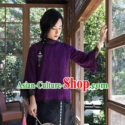 Chinese Traditional Purple Lace Blouse Costume Jacquard Shirt Tang Suit Upper Outer Garment