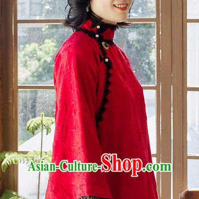 Chinese Jacquard Shirt Tang Suit Upper Outer Garment Traditional Red Lace Blouse Costume