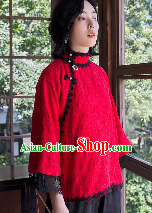 Chinese Jacquard Shirt Tang Suit Upper Outer Garment Traditional Red Lace Blouse Costume Chinese Jacquard Shirt Tang Suit Upper Outer Garment Traditional Red Lace Blouse Costume