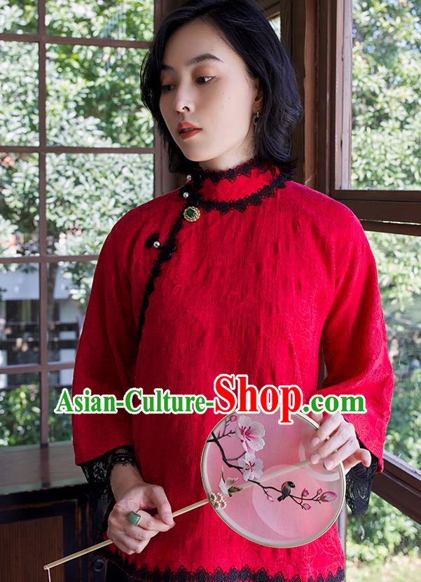 Chinese Jacquard Shirt Tang Suit Upper Outer Garment Traditional Red Lace Blouse Costume Chinese Jacquard Shirt Tang Suit Upper Outer Garment Traditional Red Lace Blouse Costume