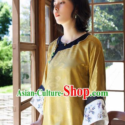 Chinese Tang Suit Shirt Upper Outer Garment Embroidered Yellow Silk Blouse Traditional Qing Dynasty Costume
