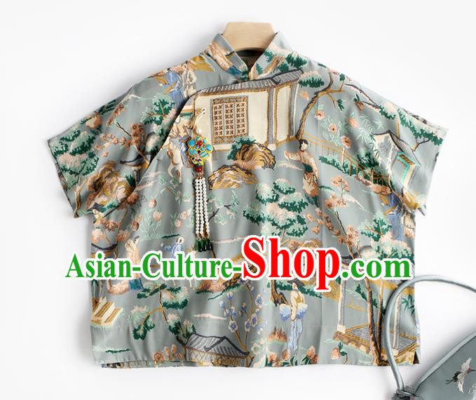 Chinese Tang Suit Upper Outer Garment Traditional Costume Printing Blue Blouse