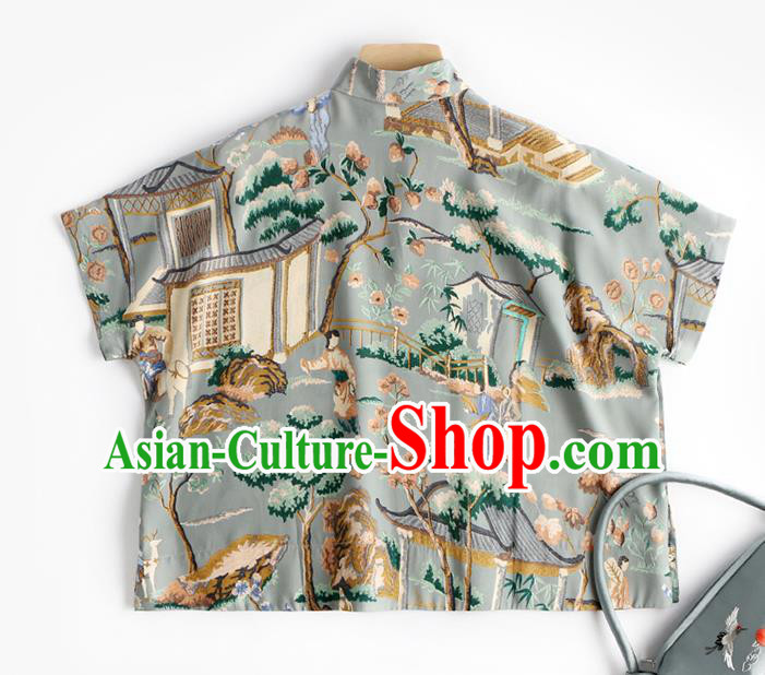 Chinese Tang Suit Upper Outer Garment Traditional Costume Printing Blue Blouse