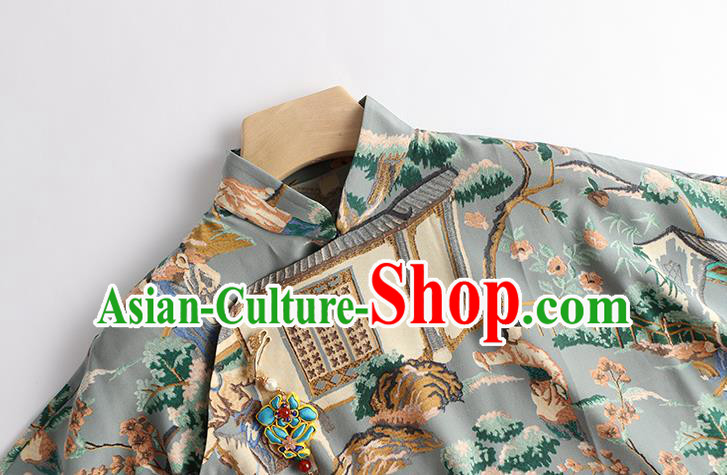 Chinese Tang Suit Upper Outer Garment Traditional Costume Printing Blue Blouse