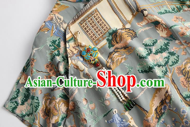 Chinese Tang Suit Upper Outer Garment Traditional Costume Printing Blue Blouse