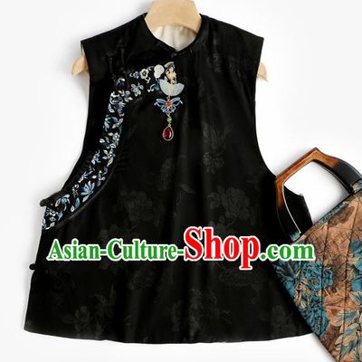 Chinese Qing Dynasty Black Vest Tang Suit Upper Outer Garment Traditional Waistcoat Costume