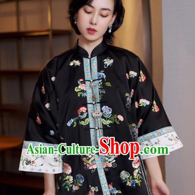 Chinese Qing Dynasty Court Women Black Shirt Tang Suit Upper Outer Garment Traditional Embroidered Blouse Costume