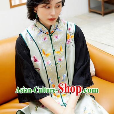 Chinese Traditional Tang Suit Light Green Long Vest Qing Dynasty Classical Embroidered Silk Waistcoat Costume