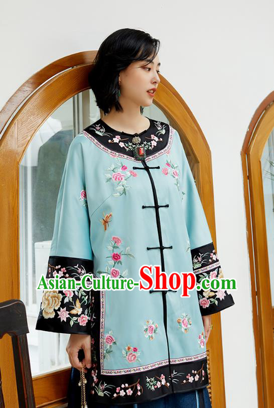 Chinese Classical Embroidered Blue Silk Blouse Tang Suit Costume Traditional Qing Dynasty Women Shirt Chinese Classical Embroidered Blue Silk Blouse Tang Suit Costume Traditional Qing Dynasty Women Shirt