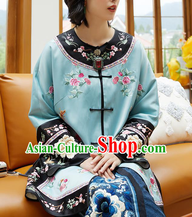 Chinese Classical Embroidered Blue Silk Blouse Tang Suit Costume Traditional Qing Dynasty Women Shirt Chinese Classical Embroidered Blue Silk Blouse Tang Suit Costume Traditional Qing Dynasty Women Shirt