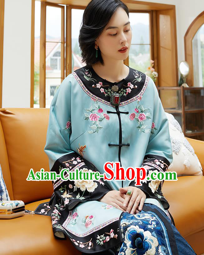 Chinese Classical Embroidered Blue Silk Blouse Tang Suit Costume Traditional Qing Dynasty Women Shirt Chinese Classical Embroidered Blue Silk Blouse Tang Suit Costume Traditional Qing Dynasty Women Shirt