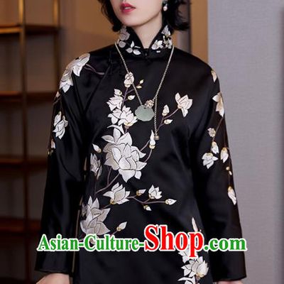 Chinese Black Satin Shirt Tang Suit Upper Outer Garment Traditional Costume Embroidered Mangnolia Blouse