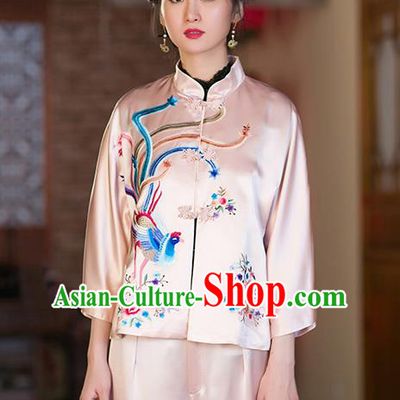 Chinese Tang Suit Pink Satin Shirt Upper Outer Garment Traditional Costume Embroidered Phoenix Blouse