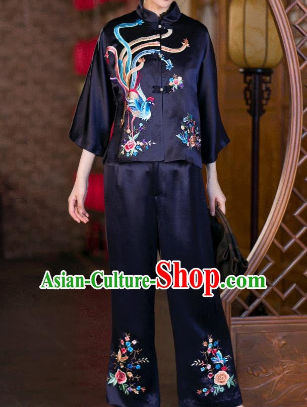 Chinese Traditional Costume Embroidered Phoenix Blouse Tang Suit Navy Satin Shirt Upper Outer Garment Chinese Traditional Costume Embroidered Phoenix Blouse Tang Suit Navy Satin Shirt Upper Outer Garment