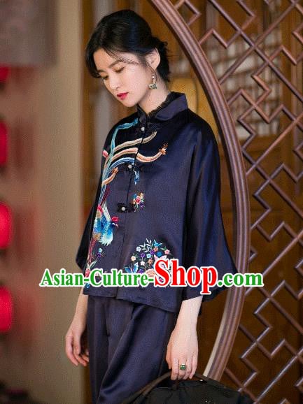 Chinese Traditional Costume Embroidered Phoenix Blouse Tang Suit Navy Satin Shirt Upper Outer Garment Chinese Traditional Costume Embroidered Phoenix Blouse Tang Suit Navy Satin Shirt Upper Outer Garment