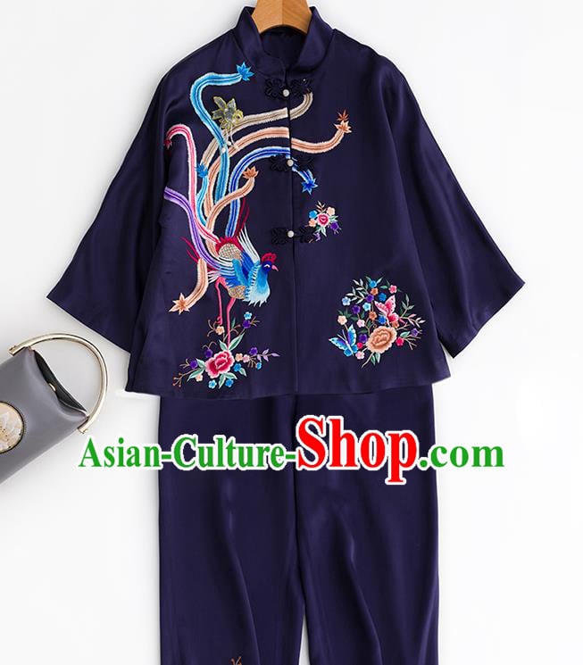 Chinese Traditional Costume Embroidered Phoenix Blouse Tang Suit Navy Satin Shirt Upper Outer Garment Chinese Traditional Costume Embroidered Phoenix Blouse Tang Suit Navy Satin Shirt Upper Outer Garment
