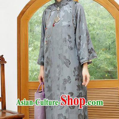 Republic of China National Women Clothing Traditional Classical Qipao Dress Grey Silk Cheongsam