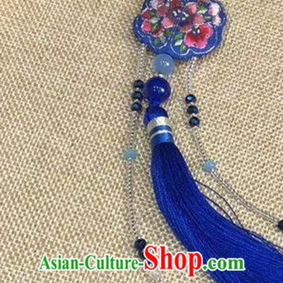 China Traditional Royalblue Tassel Accessories National Cheongsam Brooch Suzhou Embroidery Pendant