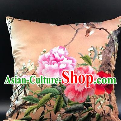 China Traditional Embroidered Peony Orange Silk Pillowslip Suzhou Embroidery Craft