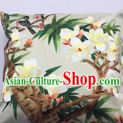 China Suzhou Embroidery Yulan Magnolia Cushion Cover Traditional Embroidered Silk Pillowslip