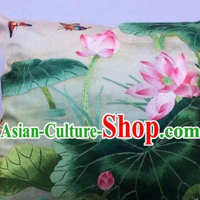 Traditional China Embroidered Silk Pillowslip Handmade Suzhou Embroidery Lotus Cushion Cover
