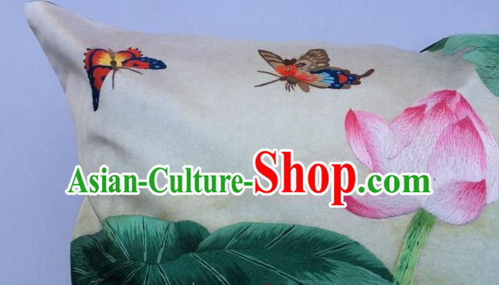 Traditional China Embroidered Silk Pillowslip Handmade Suzhou Embroidery Lotus Cushion Cover Traditional China Embroidered Silk Pillowslip Handmade Suzhou Embroidery Lotus Cushion Cover