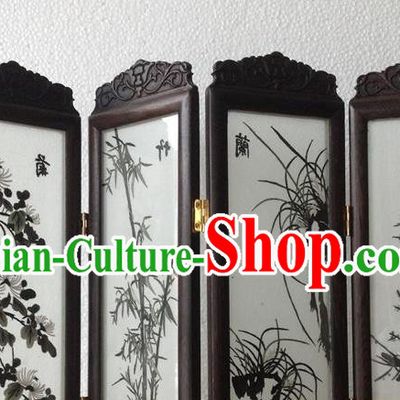 China Handmade Suzhou Embroidery Plum Orchids Bamboo Chrysanthemum Desk Screen Traditional Embroidered Craft Rosewood Table Decoration