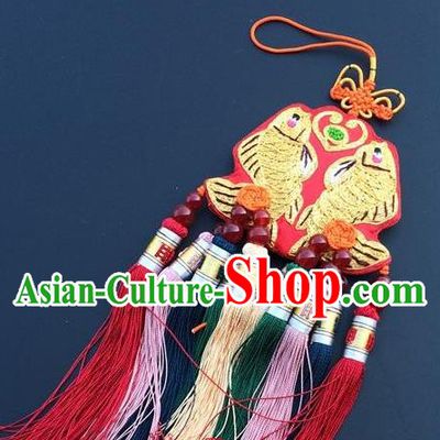 China Lucky Charms Traditional Embroidered Car Accessories Embroidery Double Fish Tassel Pendant New Year Decoration