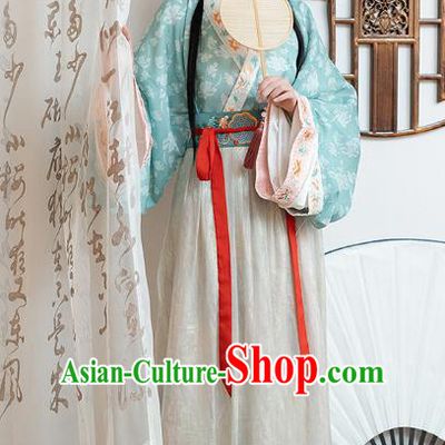 Chinese Jin Dynasty Historical Costumes Traditional Ancient Noble Lady Hanfu Apparels Blue Blouse and Skirt Full Set