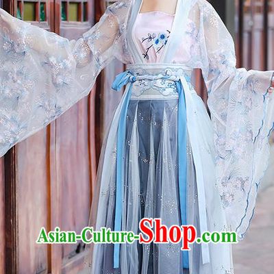 China Ancient Village Women Hanfu Apparels Blue Dress Traditional Tang Dynasty Country Lady Costumes Complete Set