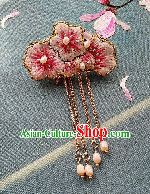 China Traditional Embroidered Pink Plum Blossom Brooch Classical Cheongsam Tassel Breastpin Accessories China Traditional Embroidered Pink Plum Blossom Brooch Classical Cheongsam Tassel Breastpin Accessories