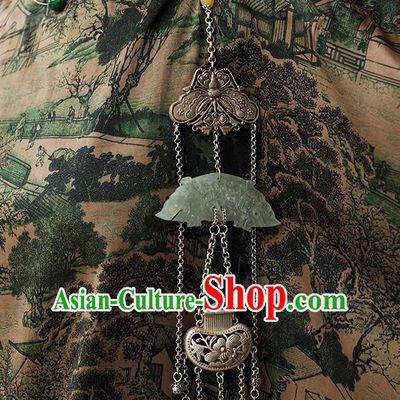 China Classical Cheongsam Jade Dragon Accessories Traditional Carving Silver Brooch