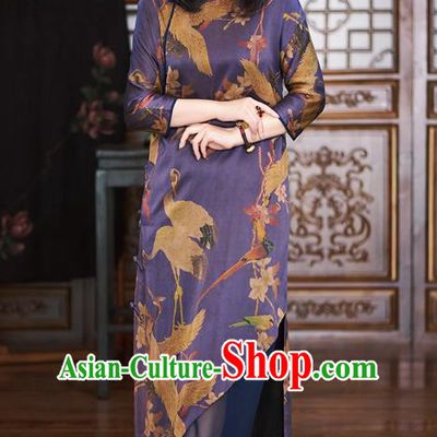 Republic of China Traditional Classical Qipao Dress National Women Clothing Printing Crane Purple Silk Cheongsam