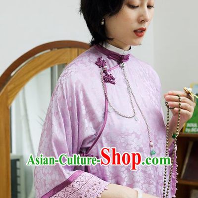 Republic of China Lilac Silk Cheongsam Traditional Classical Qipao Dress National Women Clothing