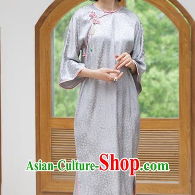 Republic of China National Women Clothing Grey Silk Cheongsam Traditional Classical Qipao Dress