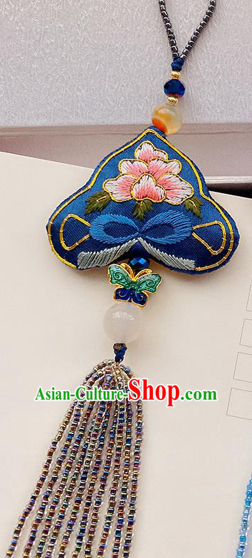 China Traditional Accessories Embroidered Peony Brooch Classical Cheongsam Blue Beads Tassel Pendant China Traditional Accessories Embroidered Peony Brooch Classical Cheongsam Blue Beads Tassel Pendant