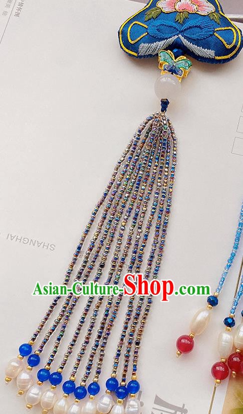 China Traditional Accessories Embroidered Peony Brooch Classical Cheongsam Blue Beads Tassel Pendant China Traditional Accessories Embroidered Peony Brooch Classical Cheongsam Blue Beads Tassel Pendant