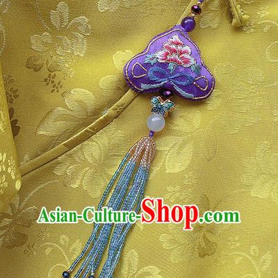 China Traditional Accessories Embroidered Purple Silk Brooch Classical Cheongsam Pearls Tassel Pendant